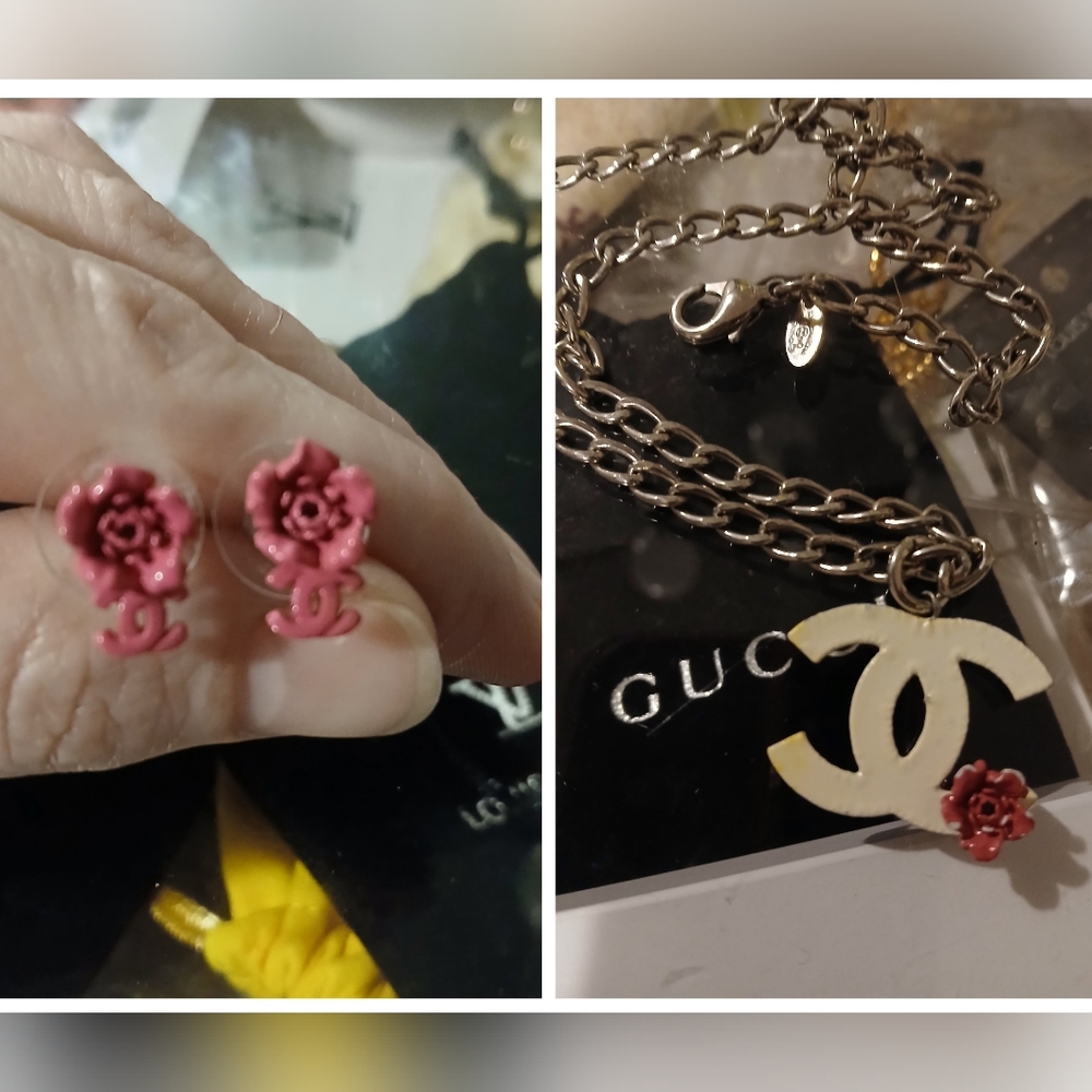 Chanel Pink Floral Earrings and Necklace Set